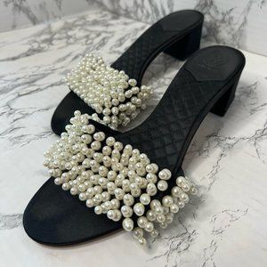 Tory Burch Tatiana Pearls Satin Block Heeled Sandal BLACK US 10M AUTHENTIC